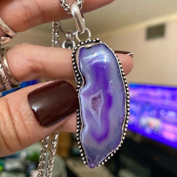925 sterling silver overlay Purple agate slice gemstone charm boho necklace . - Picture 10 of 16